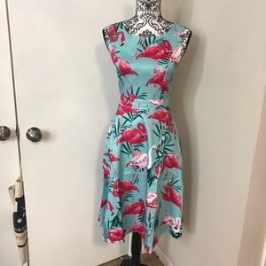 Pink and blue flamingo tiki dress with palm leaves